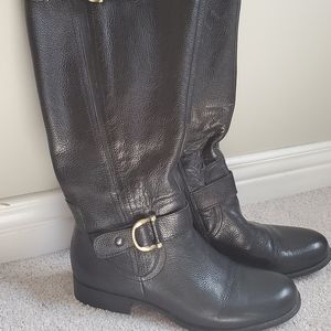Wide calf tall black leather boots